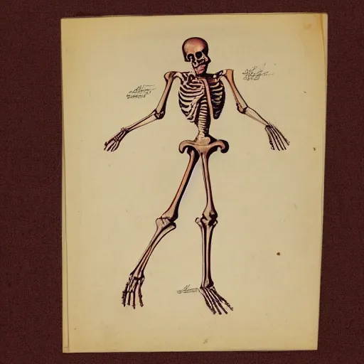 Image similar to vintage, detailed, colored sketch of woman with 3 arms anatomy, full body, skeleton, with full descriptions, on parchment