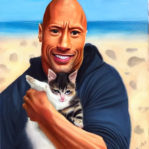 Prompt: dwayne johnson holding a kitten at the beach, oil painting