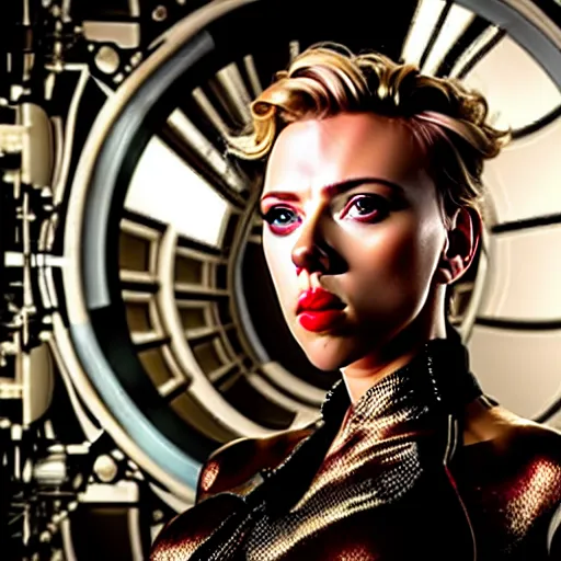 Prompt: scarlett johansson in a space age metallic steampunk steam - powered city with pipework and electrical wiring around the outside, professional photography, 8 0 mm telephoto lens, realistic, detailed, photorealistic, photojournalism