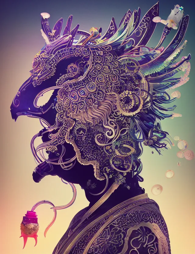 Image similar to 3 d goddess close - up profile solarpunk portrait ram skull. beautiful intricately detailed japanese crow kitsune mask and clasical japanese kimono. betta fish, jellyfish phoenix, bio luminescent, plasma, ice, water, wind, creature, artwork by tooth wu and wlop and beeple and greg rutkowski