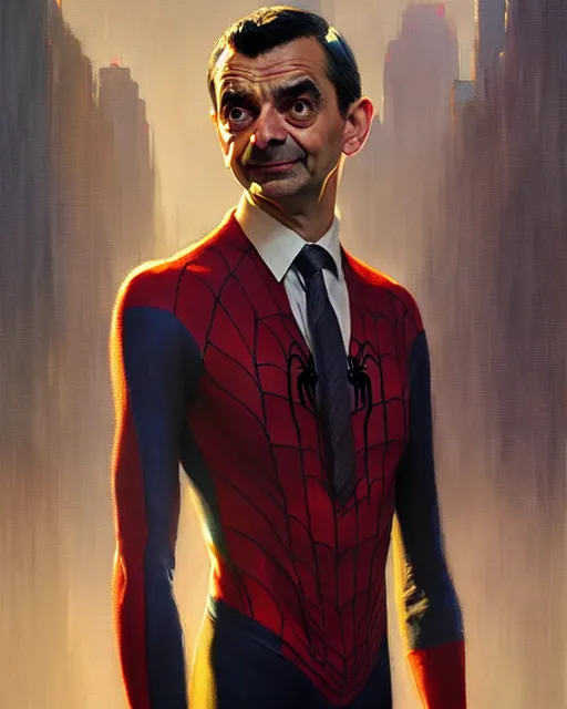 Image similar to mr bean as spiderman, fine details, realistic shaded lighting poster by greg rutkowski, magali villeneuve, artgerm, jeremy lipkin and michael garmash and rob rey