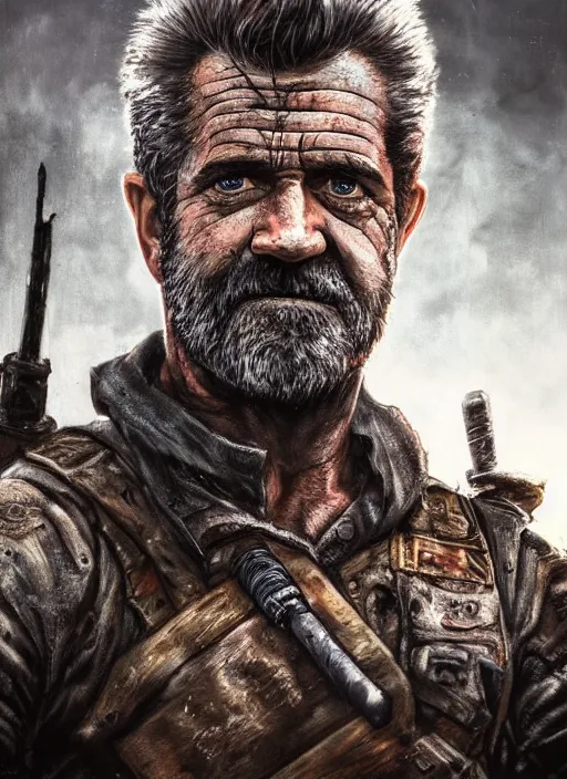 Image similar to A grimdark comic book style portrait painting of Mel Gibson as a post apocalyptic warrior survivalist in a atmospheric dark bombarded landscape with large dead trees, unreal 5, DAZ, hyperrealistic, octane render, RPG portrait, ambient light, dynamic lighting