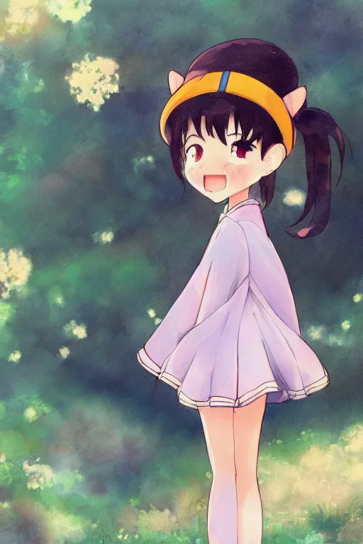 Image similar to Cute anime girl with bunny hat in the style of Makoto Shinkai, Kazuo Oga and Clamp