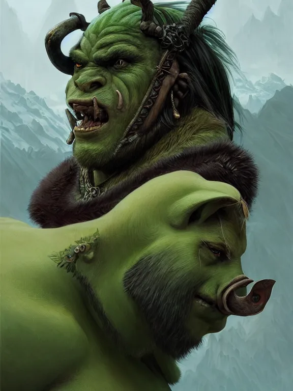 Prompt: portrait of a green mountain orc, looking at camera, d & d, savage warrior, fur attire, aztec hair, pig noses, intricate, fantasy, extremely detailed, digital painting, artstation, concept art, smooth, sharp focus, illustration, ambient lighting, art by artgerm and greg rutkowski and alphonse mucha and simon stalenhag
