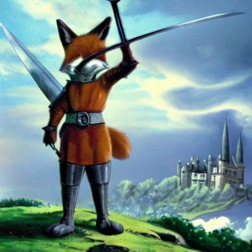 Image similar to anthropomorphic fox!! who is a medieval knight holding a sword towards a stormy thundercloud [ 1 9 3 0 s film still ], ( castle in the background )