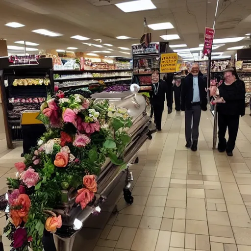 Prompt: Funeral at a safeway, dramatic photo