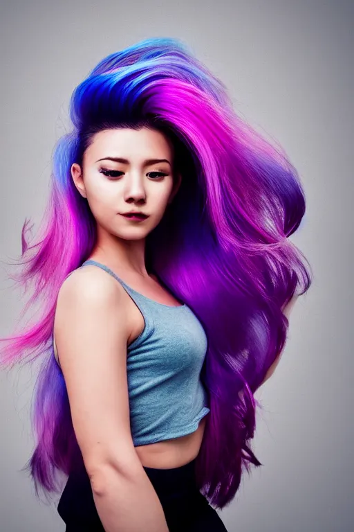 Image similar to a award winning half body shot of a beautiful woman in a croptop with ombre purple pink teal hairstyle with head in motion and hair flying, outrun, vaporware, highly detailed, fine detail, intricate