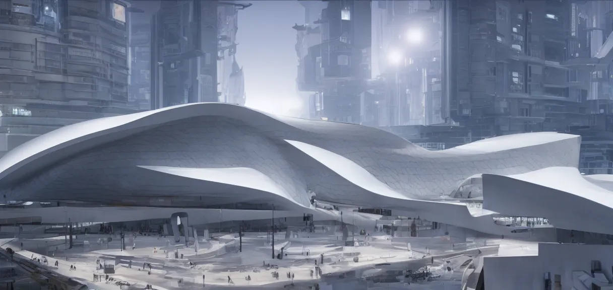 Prompt: a half moon in the sky shining on a white museum by zaha hadid in the cyberpunk city, cinematic, realistic, render in unreal engine 5