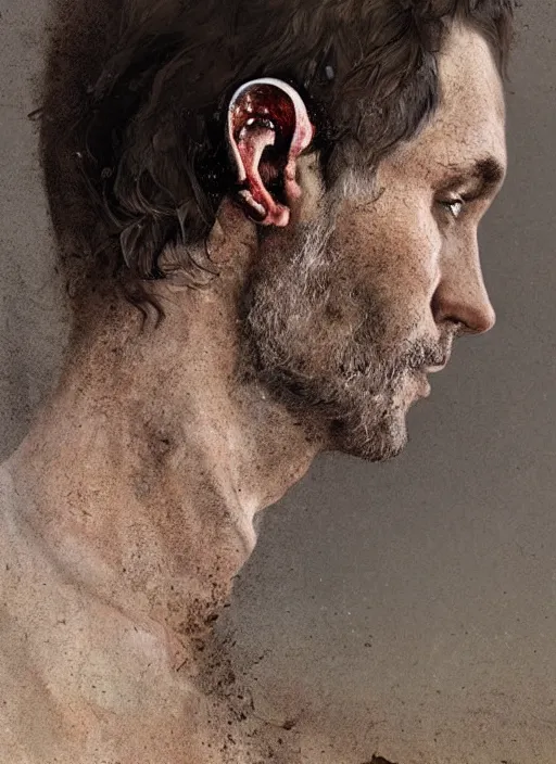 Prompt: a side profile portrait of a man with a opening hole into skull, hole in skull showing cobwebs, dust and rats, ( ( ( justin trudeau ) ) ), digital art, highly detailed, by alyssa monks and charlie bowater