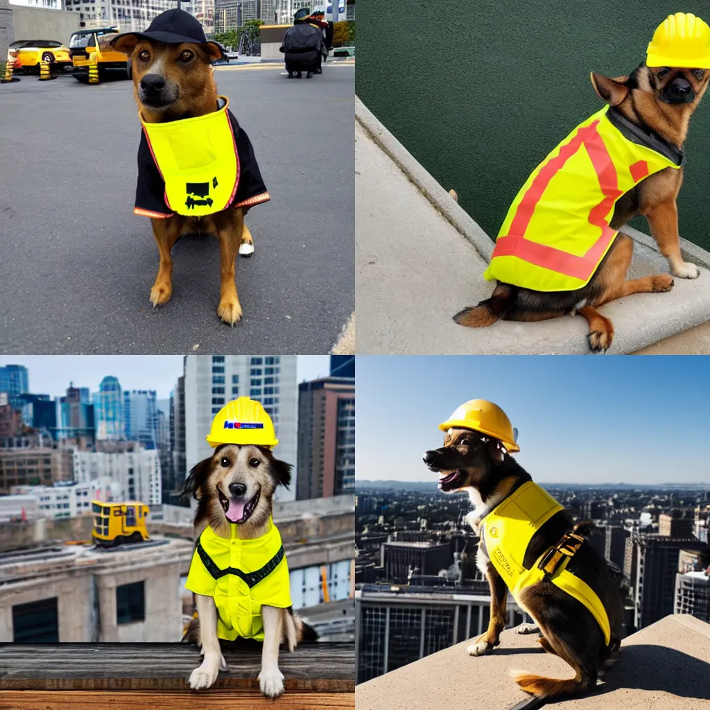 Prompt: dog wearing a construction vest and a yellow construction hat while standing on top of a building