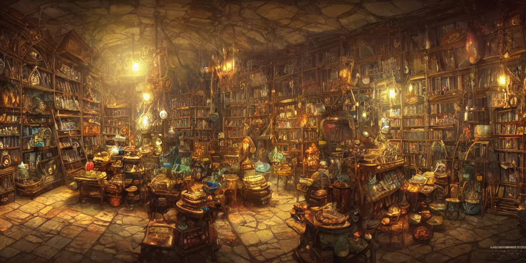 Prompt: Inside an old Magical Shop, Magic Items on shelves, books, beautiful labels, fantasy vendor interior, wide angle, highly detailed, rich bright colors, trending on artstation