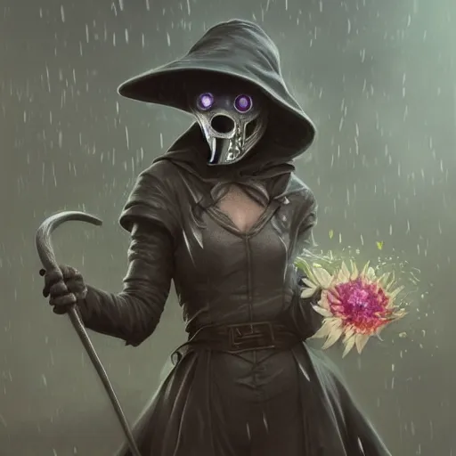 Image similar to female plague doctor holding flowers, heavy rain, wind, thunder, reflections, deep focus, d & d, fantasy, intricate, elegant, highly detailed, digital painting, artstation, concept art, matte, sharp focus, illustration, hearthstone, art by artgerm and greg rutkowski and alphonse mucha