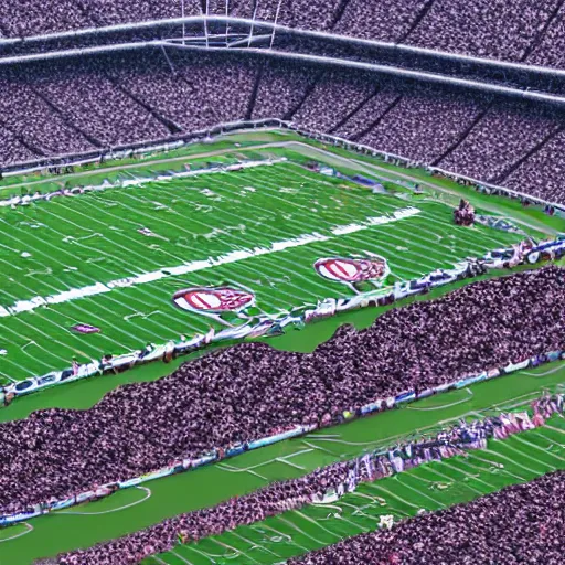 Prompt: 5 giant huge massive waffles floating inside a football stadium