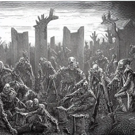 Image similar to zombies, nine steel barrels in a graveyard, creepy atmosphere, dark, realistic, illustration by gustave dore