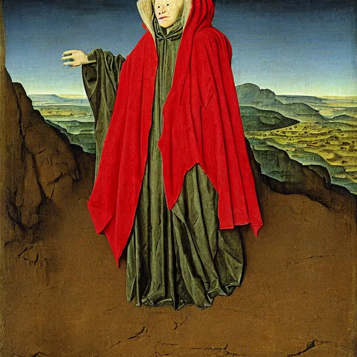 Prompt: an alien wearing a hooded cloak, by Jan van Eyck