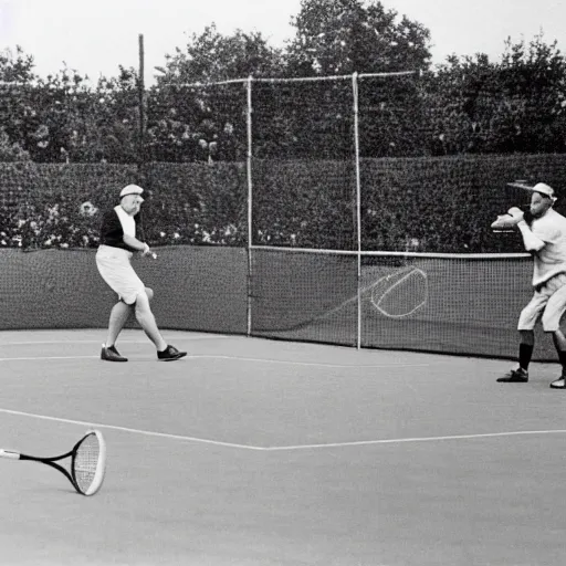 Photograph of a tennis match between Winston Churchill | Stable Diffusion