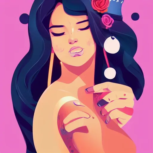 Image similar to beautiful curvy woman with long black hair, tanned skin. she is wearing a dress. birthday party. detailed face. clean cel shaded vector art. shutterstock. behance hd by lois van baarle, artgerm, helen huang, by makoto shinkai and ilya kuvshinov, rossdraws, illustration,