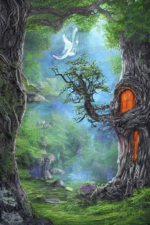 Image similar to digital painting detailed druid sanctuary by cliff childs