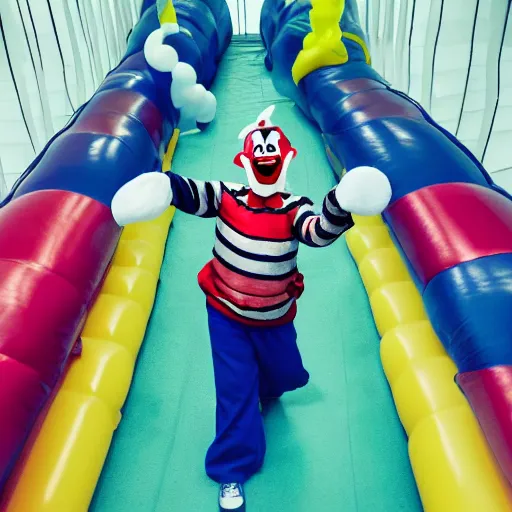 Image similar to photo of a scary clown in a infinite corridor made of bouncy castle