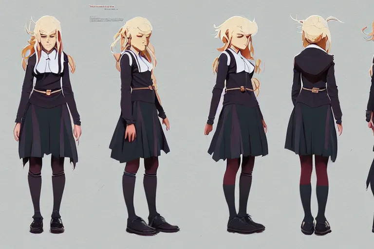 Image similar to character sheet of attractive female student witch, magic school uniform, blonde hair, by greg rutkowski and studio ghibli, digital art, trending on artstation, highly detailed, concept art, beautiful, masterpiece