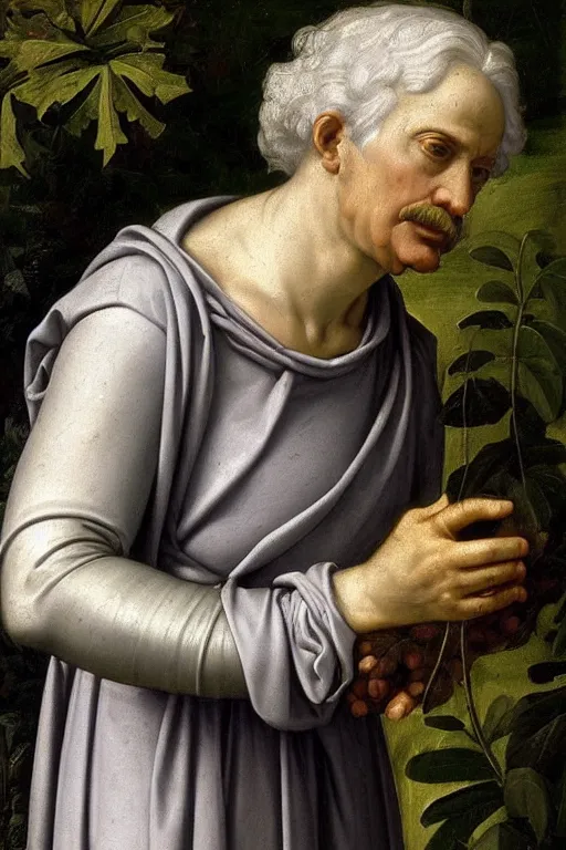 Image similar to renaissance painting of elder in the garden, closeup, short silver hair, a wise face, emotions closeup, dressed in roman armour, the beautiful garden with oak leaves everywhere, ultra detailed, art by Guido Reni style, Vincenzo Catena style