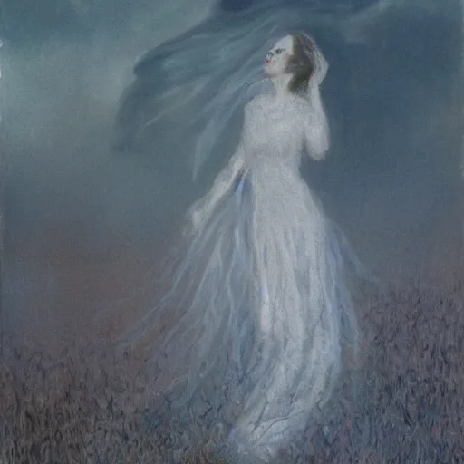 Image similar to 4 k resolution by abbott fuller graves ghostly, bold. a mixed mediart of a woman standing in a field of ashes, her dress billowing in the wind. her hair is wild & her eyes are closed, in a trance - like state. dark & atmospheric, ashes seem to be alive, swirling around.