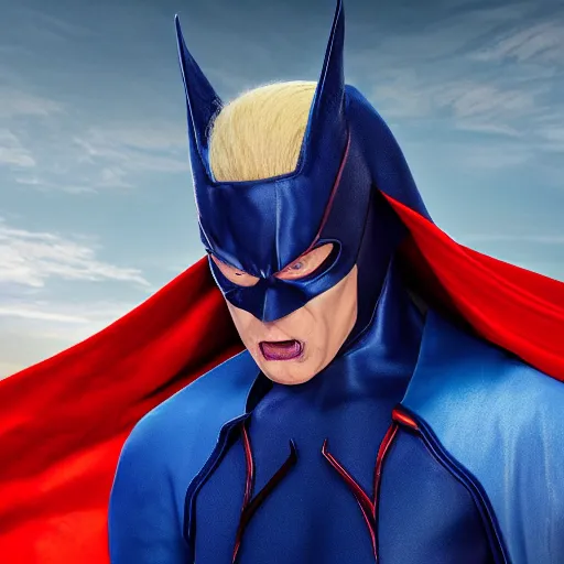 Image similar to portrait of a evil blonde superhero two sides hair and thin face lines, his cape is the american flag, he is angry, his costume is blue with yellow eagles head on the shoulders, 8 k, hyper realistic, movie imax shot, film, cinematography, red