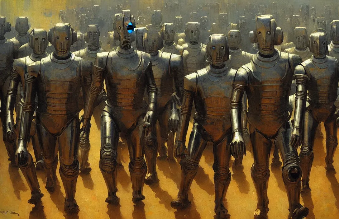 Image similar to march of the cybermen, detailed painting, epic lighting, by ilya repin, phil hale and kent williams