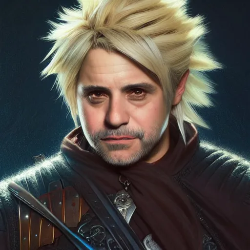 Image similar to Danny DeVito as Cloud Strife, western, D&D, fantasy, intricate, elegant, highly detailed, digital painting, artstation, concept art, matte, sharp focus, illustration, art by Artgerm and Greg Rutkowski and Alphonse Mucha