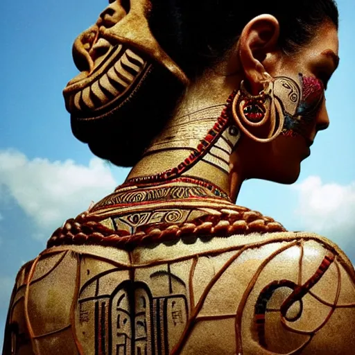 Prompt: A perfect Mayan female goddess stands for a waist up portrait with her body sightly wrapped in thin gold wire creatively arranged so as to look like Mayan Hieroglyphic tattoos, in an abandoned barn, hyper photo realistic 8K HD HDRI, photo by Annie Leibovitz.