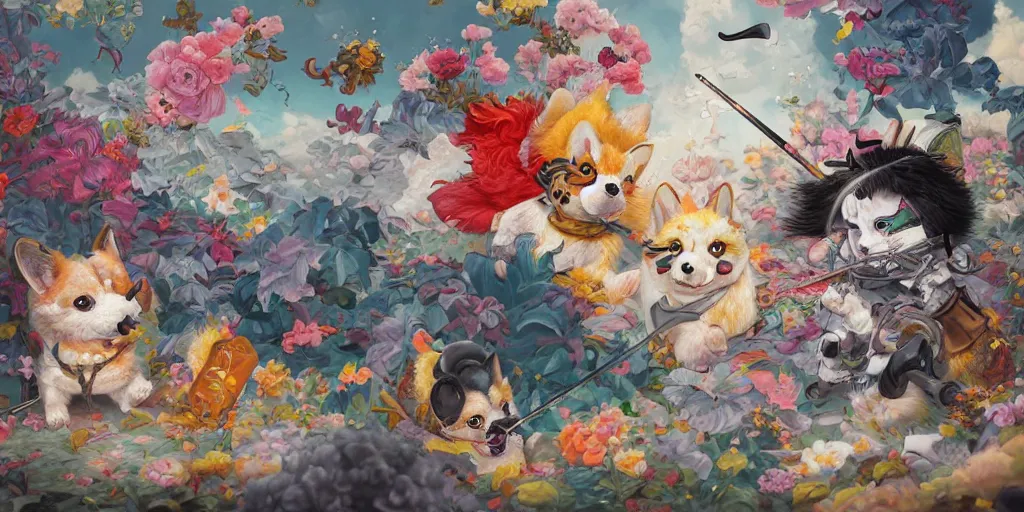 Image similar to highly detailed painting scene of a fluffy graffiti corgi ninja god fighting samurai, by Anna Dittmann and Hikari Shimoda , trending on Artstation, 8k, masterpiece, intricate detail, graffiti paint