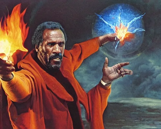 Image similar to fred williamson as a fire mage casting a fireball spell, fantasy artwork, extremely detailed, high quality, award - winning,