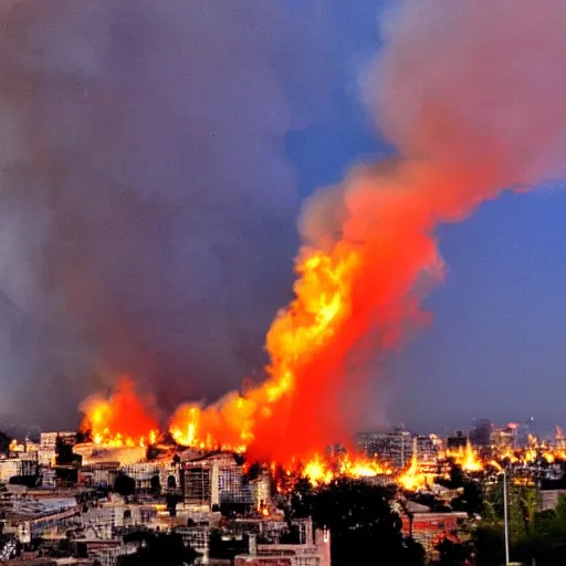 Prompt: photo of fire and smoke rising from a city, 2 0 1 1