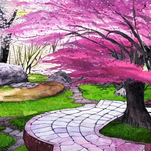 Prompt: Japanese garden, cherry blossom, cobblestone path, watercolor painting