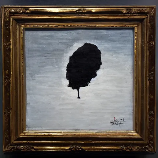 Prompt: a minimalistic impasto painting, a single large brush stroke of heavy thick white paint on a black canvas