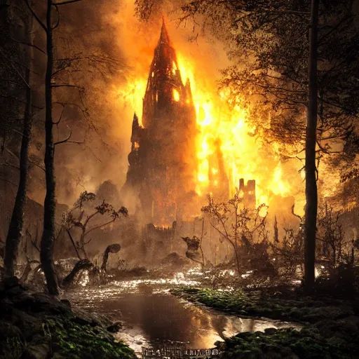 Image similar to hyperrealistic photograph of the black castle of rotbog swamp burned to the ground, fire, giant bones, dim volumetric lighting, octane beautifully detailed render, extremely hyper detailed, intricate, epic composition, cinematic lighting, masterpiece, trending on artstation, very detailed, stunning, hdr, smooth, sharp focus, high resolution, award, winning photo