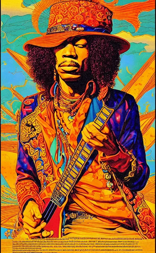 Image similar to an awesome jean giraud graphic art of jimi hendrix in the style of a renaissance masters portrait, mystical and new age symbolism and tibetan book of the dead imagery, intricately detailed, 4 k