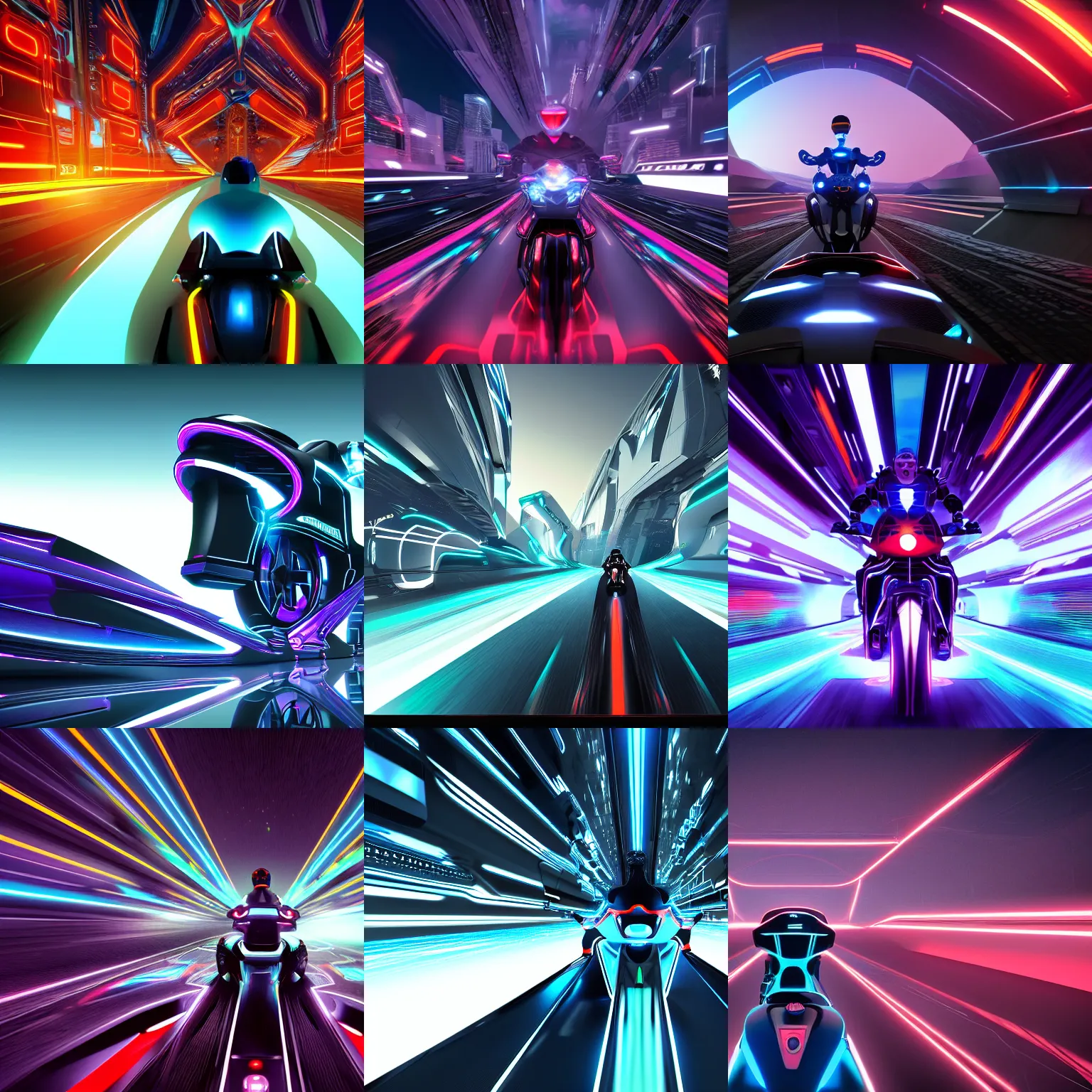 Prompt: a symmetric view from the back of a futuristic motorbike-like vehicle riding across the cyberspace towards the neon city (the capitol of cyberspace), 8k, ultra high detail, in style of tron, trending on artstation