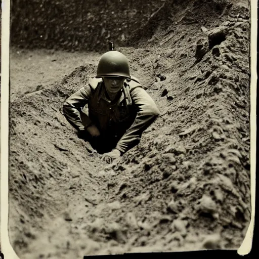 Image similar to a photo taken from a trench showing a nuclear explosion in the distance, a german soldier wearing a ww 2 stahlhelm is laying on the ground and looking at the explosion, realistic, taken on a ww 2 camera.