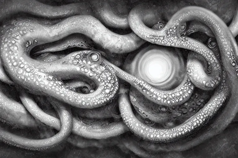 Image similar to ultra realist wide shot soft painting of slimy tentacles covered with eyes, so scary one glance is enough to drive a man insane, very intricate details, ultra dense fog, golden ratio, volumetric black and white lighting, reflections, refractions, symmetry accurate anatomy features, unreal render