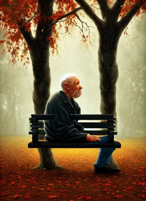 Image similar to an old man tangled around a park bench. portrait of a stretchy old man wrapped and tied around a park bench, autumn tranquility, forgetfulness, oblivion, inevitability, aging, surreal portrait, moody, by tom bagshaw, cold, 4 k