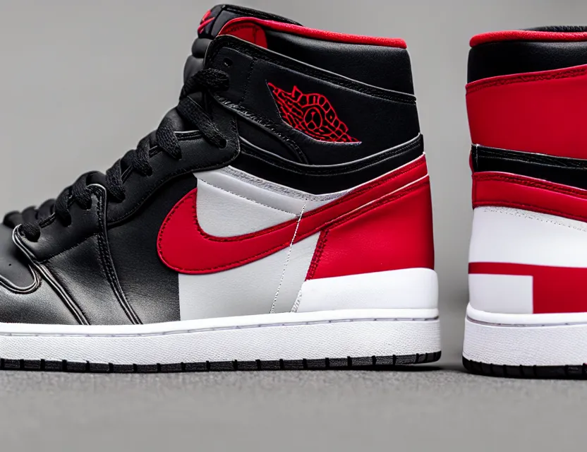 Image similar to a press photograph of nike jordan 1 black red and white