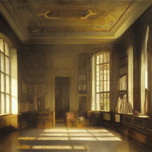 Prompt: painting of an empty dishelved studying room with yellow light from above, books scattered, highly detailed, intricate, dark colors, j. m. w turner, 8 k, intricate, dramatic lighting