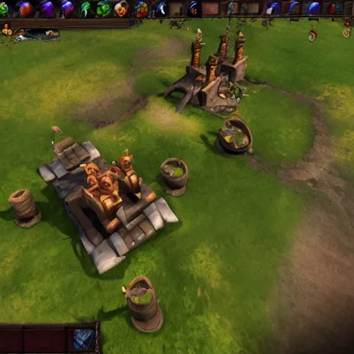 Prompt: a sling catapult, rocks flying, cart wheels, fantasy rpg, dota 2 style