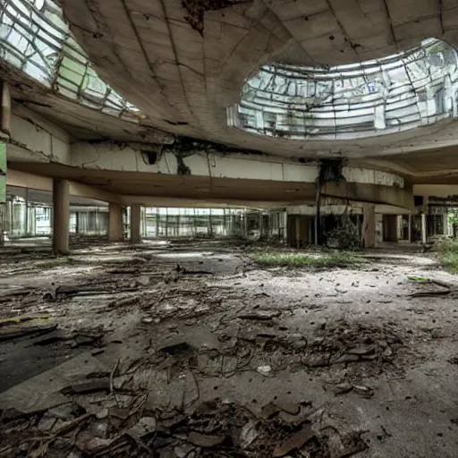 Prompt: a post-apocalyptic abandoned 1990s mall, lush overgrowth