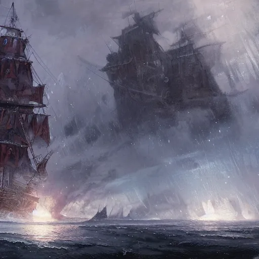 Image similar to pirate ship in hell, cold, icey white lightning, frozen monstrocity in the background, hyperdetailed, artstation, cgsociety, by greg rutkowski, by Gustave Dore