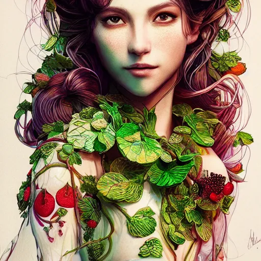 Image similar to the portrait of an absurdly beautiful, graceful, elegant, young woman made of strawberries and green petals, an ultrafine hyperdetailed illustration by kim jung gi, irakli nadar, intricate linework, bright colors, octopath traveler, final fantasy, angular, unreal engine 5 highly rendered, global illumination, radiant light, detailed and intricate environment