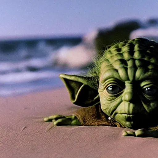 Image similar to a photo of yoda in a swimsuit at the beach