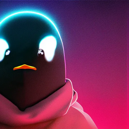 Image similar to penguin hacker in hoodie, portrait, vaporwave, synthwave, neon, vector graphics, cinematic, volumetric lighting, f 8 aperture, cinematic eastman 5 3 8 4 film, photorealistic