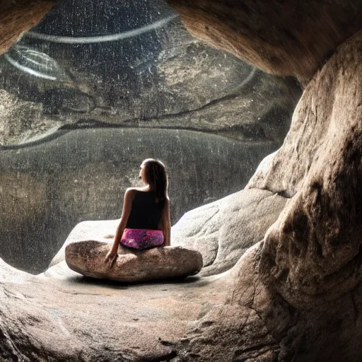 Image similar to Woman sitting under a ginormous rock overhead, partially cupping her hands, gesturing it outward!!!!! to the camera!!!!!, in a rainy environment, fisheye!!!!! lens!!!!!, rainy and wet atmosphere, closeup, dark and grim lighting, trending on artstation, 4k, 8k